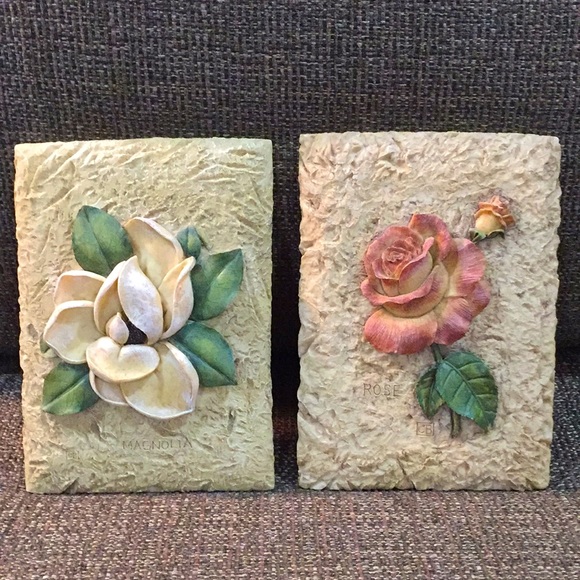 Other - 2 Botanical 3D Floral Wall Plaques Magnolia & Rose